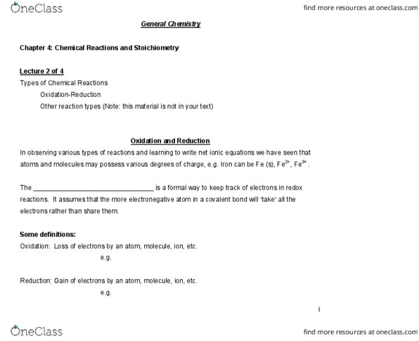 CHY 103 Lecture Notes - Lecture 3: Redox, Oxidation State, Covalent Bond thumbnail