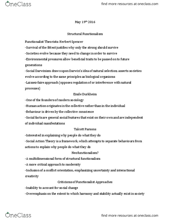 SOCI 3430 Lecture Notes - Lecture 8: Talcott Parsons, Émile Durkheim, Neofunctionalism thumbnail