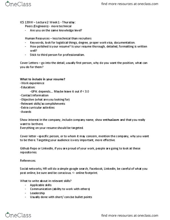 I&C SCI 139W Lecture Notes - Lecture 2: Cover Letter, Linkedin thumbnail