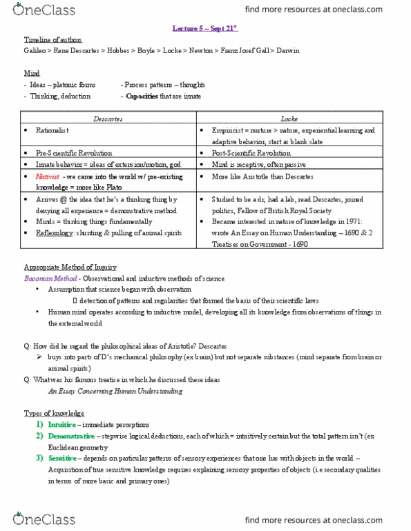 Philosophy 2050F/G Lecture Notes - Lecture 5: An Essay Concerning Human Understanding, Franz Joseph Gall, Euclidean Geometry thumbnail