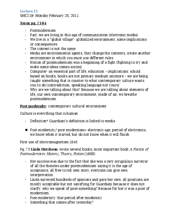 SMC219Y1 Lecture Notes - Lecture 11: Postmodern Architecture, The Gutenberg Galaxy, The Transparent Society thumbnail