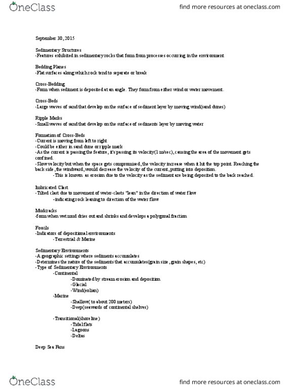 GEOL 1330 Lecture Notes - Lecture 8: Ripple Marks, University Of Manchester, Dune thumbnail