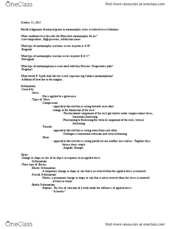 GEOL 1330 Lecture Notes - Lecture 11: Blueschist, Metamorphic Facies, Block Diagram thumbnail