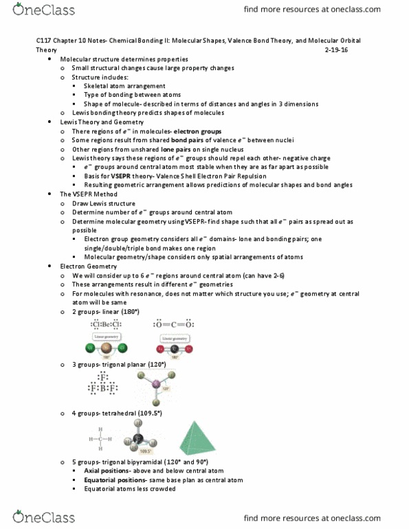 CHEM-C 117 Lecture Notes - Lecture 4: Valence Bond Theory, Lone Pair, Trigonal Bipyramidal Molecular Geometry thumbnail