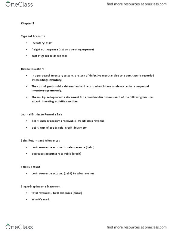 MGMT 30A Chapter Notes - Chapter 5: Perpetual Inventory, Operating Expense, Accounts Receivable thumbnail