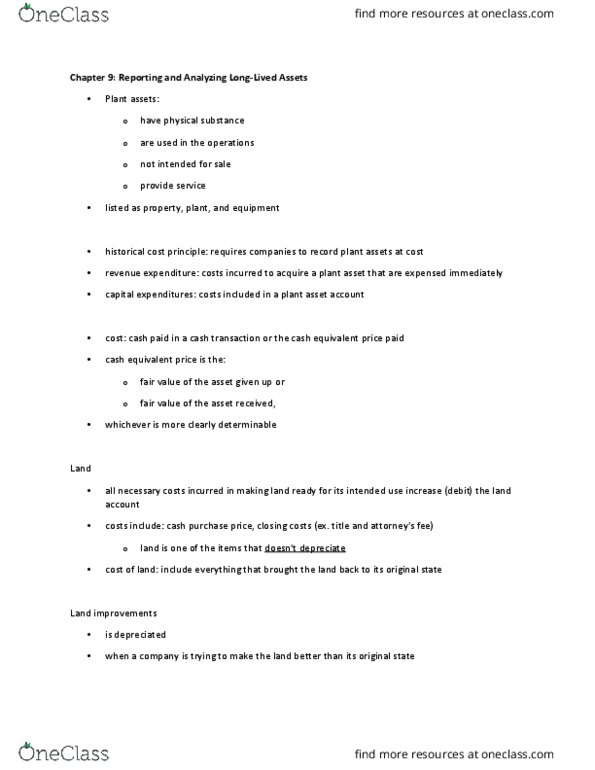 MGMT 30A Chapter Notes - Chapter 9: Finance Lease, Historical Cost, Record Plant thumbnail