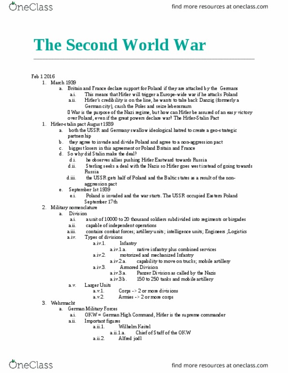 HIUS 3452 Lecture Notes - Lecture 1: Maginot Line, Lebensraum, Wehrmacht thumbnail