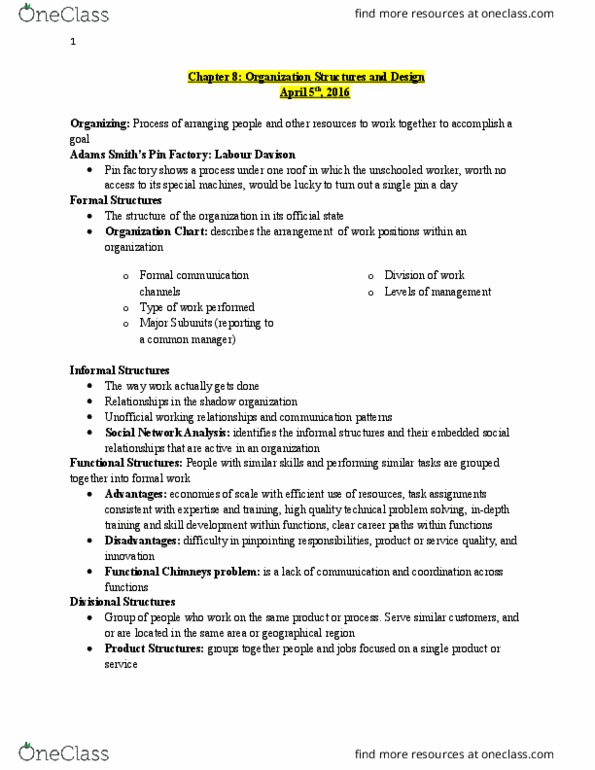 GMS 200 Lecture Notes - Lecture 8: Departmentalization, Organizational Architecture, Jack Welch thumbnail