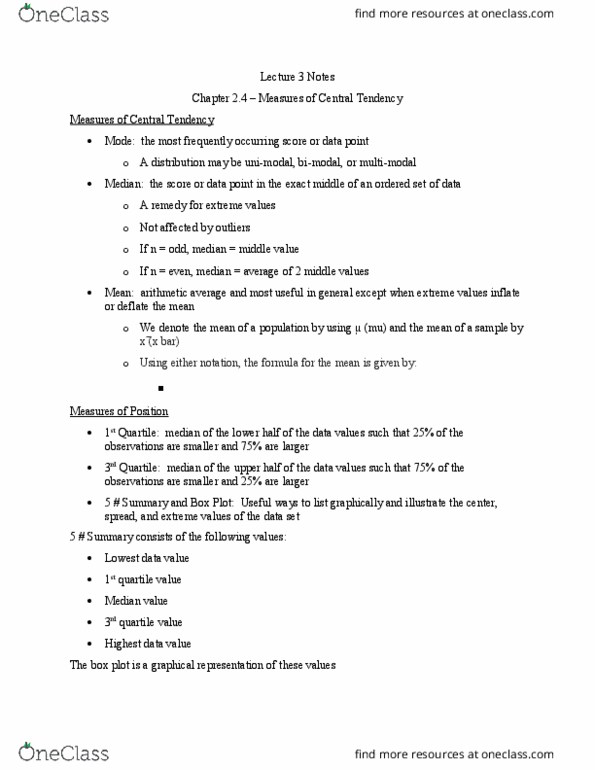 MATH201 Lecture Notes - Lecture 3: Quartile, Unimodality, Interquartile Range thumbnail