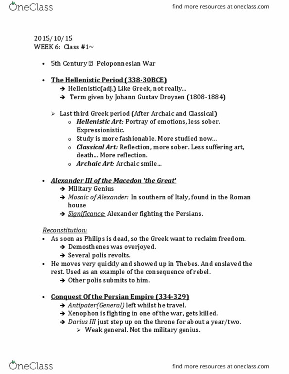 HIST 205 Lecture Notes - Lecture 6: Johann Gustav Droysen, Darius Iii, Battle Of Gaugamela thumbnail