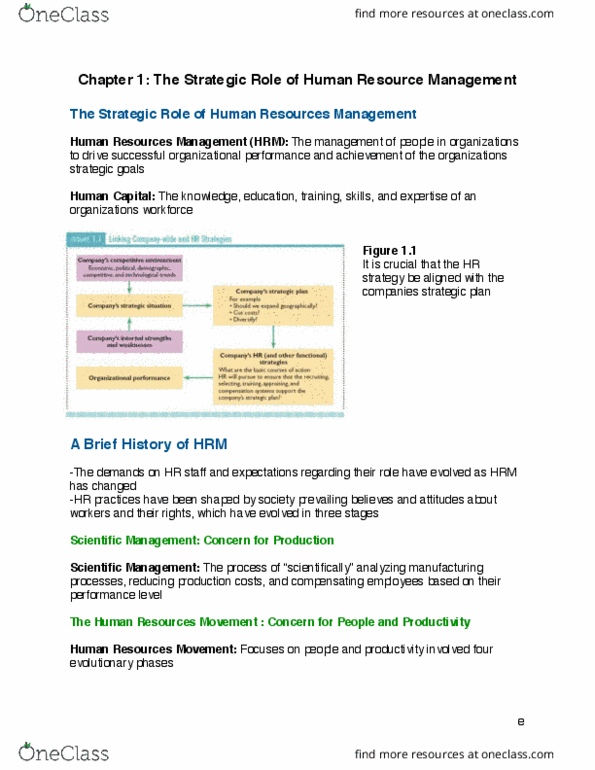 MHR 523 Chapter Notes - Chapter 1: Human Resource Management, Strategic Management, Performance Appraisal thumbnail