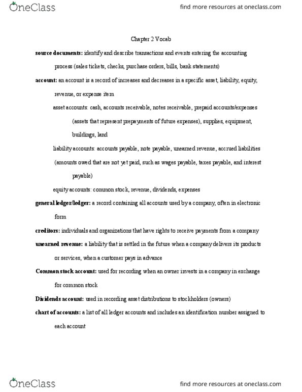 ACC 212 Chapter Notes - Chapter 2: Accounts Payable, General Ledger, Common Stock thumbnail