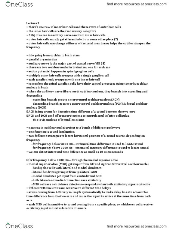 01:146:245 Lecture Notes - Lecture 9: Dorsal Cochlear Nucleus, Interaural Time Difference, Cochlear Nucleus thumbnail