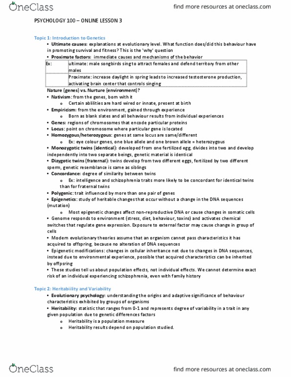 PSYC 100 Lecture Notes - Lecture 3: Random Effects Model, Epigenetics, Behavioural Genetics thumbnail