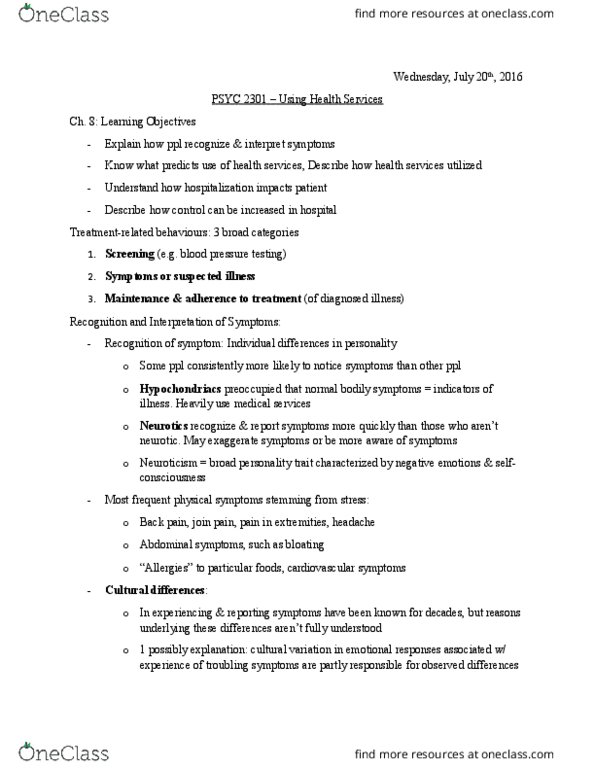 PSYC 2301 Lecture Notes - Lecture 5: Inflammatory Bowel Disease, Chronic Condition, Mayo Clinic thumbnail