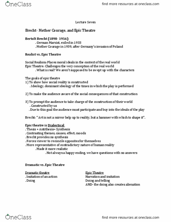 THTRFLM 1T03 Lecture Notes - Lecture 7: Bertolt Brecht, Social Realism, Social Determinism thumbnail