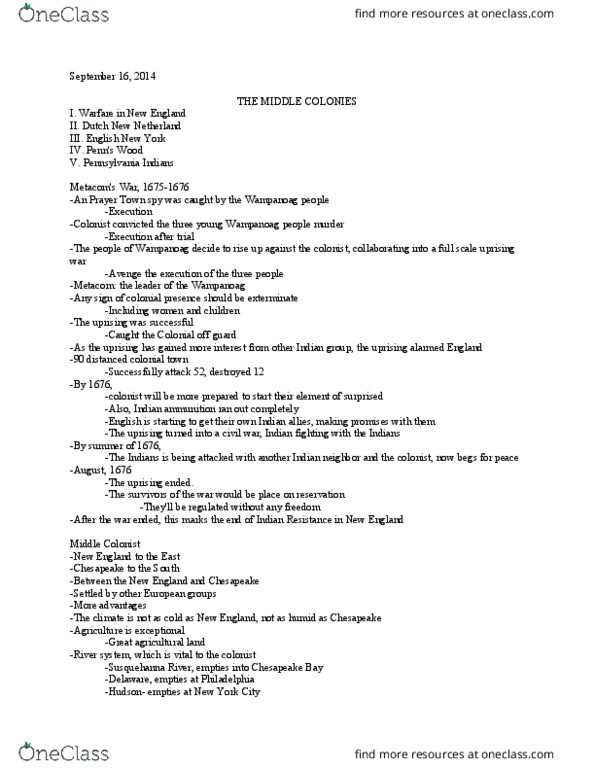 HIST 1376 Lecture Notes - Lecture 6: Susquehanna River, Metacomet, Fur Trade thumbnail