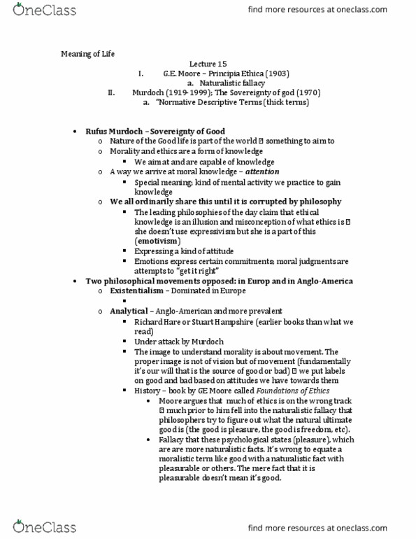 PHIL 0450 Lecture Notes - Lecture 15: Naturalistic Fallacy, Stuart Hampshire, Expressivism thumbnail