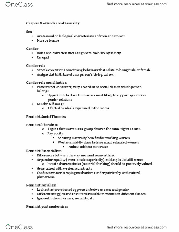 SOC101 Chapter Notes - Chapter 9: Equal Pay For Equal Work, Gender Role, Essentialism thumbnail