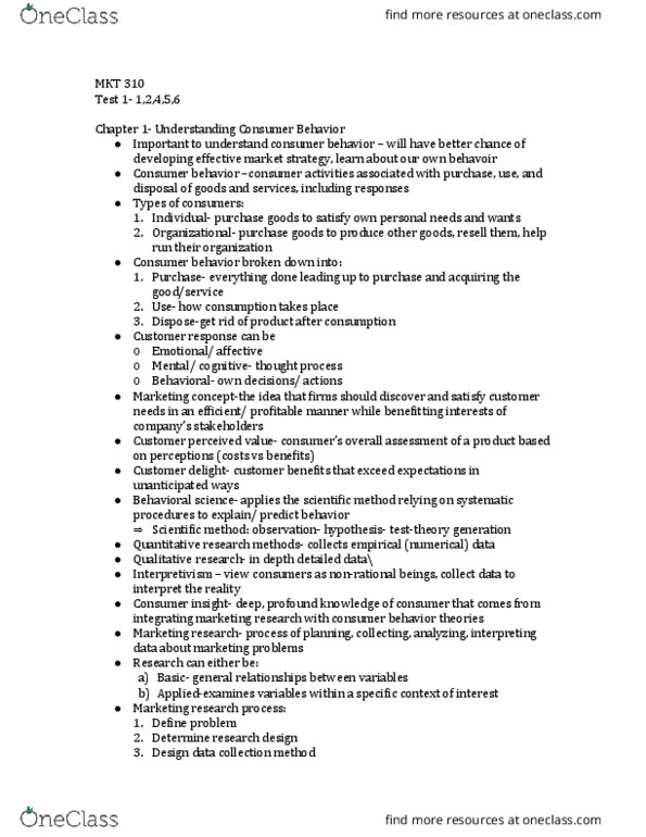 MKT 310 Lecture Notes - Lecture 1: Classical Conditioning, Market Segmentation, Consumer Behaviour thumbnail