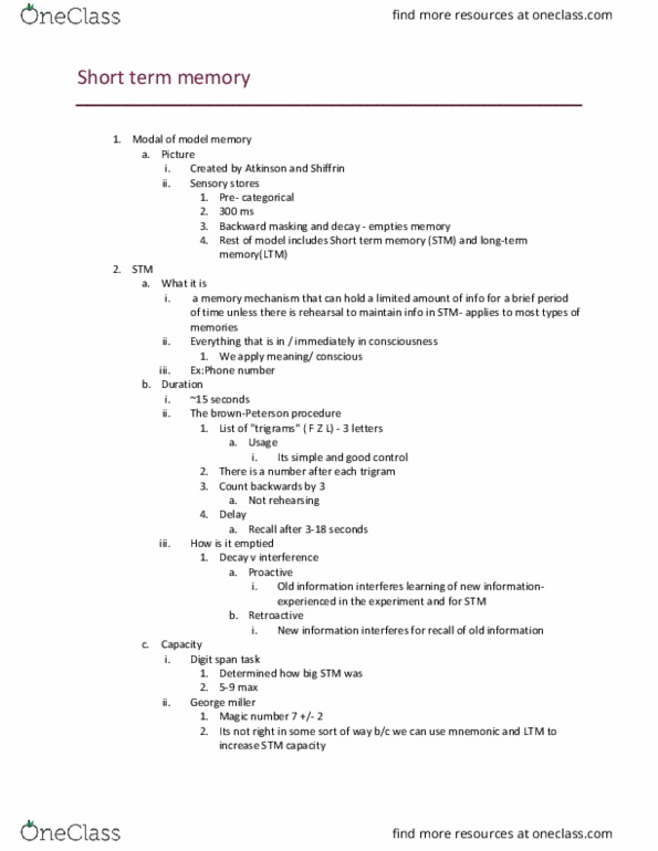 NSC 3311 Lecture Notes - Lecture 9: Short-Term Memory, Backward Masking, Long-Term Memory thumbnail