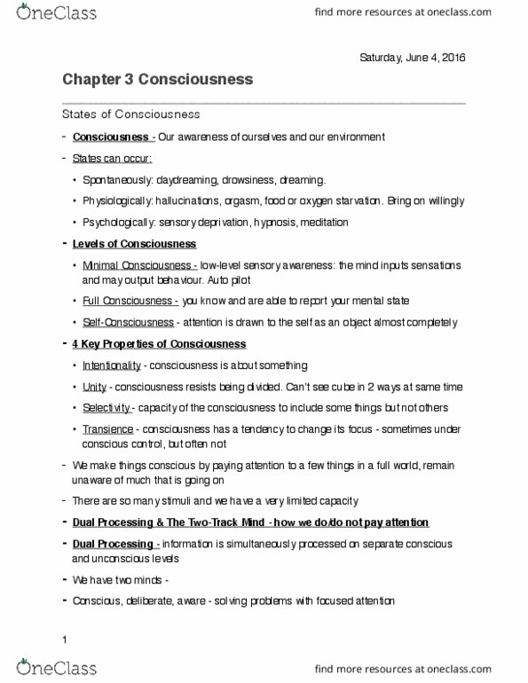 PSY 1101 Lecture 4: Chapter 3 Consciousness thumbnail