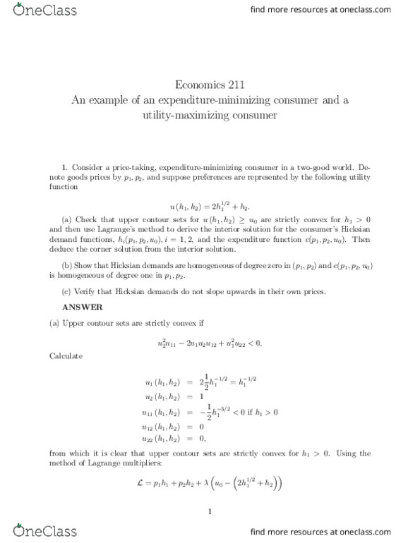 ECON211 Chapter Notes - Chapter 8: Hicksian Demand Function, Expenditure Function, Lagrange Multiplier thumbnail