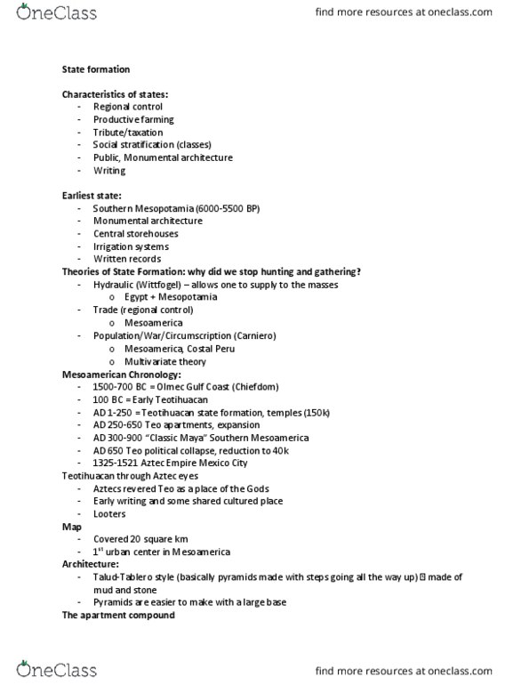 ANTHRCUL 101 Lecture Notes - Lecture 2: Teotihuacan, Social Stratification, State Religion thumbnail