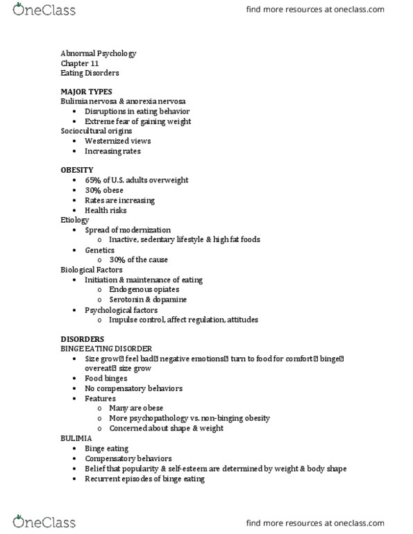 01:830:340 Lecture Notes - Lecture 6: Anorexia Nervosa, Cognitive Behavioral Therapy, Binge Eating thumbnail