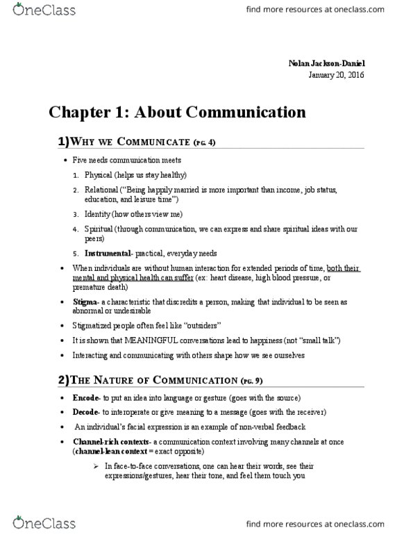 COMS 2060 Chapter Notes - Chapter Ch. 1: Interpersonal Relationship, Interpersonal Communication, Intrapersonal Communication thumbnail