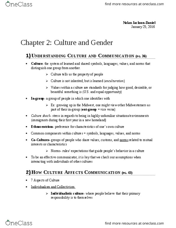 COMS 2060 Chapter Notes - Chapter Ch. 2 : Culture Shock, Enculturation, Masculinity thumbnail