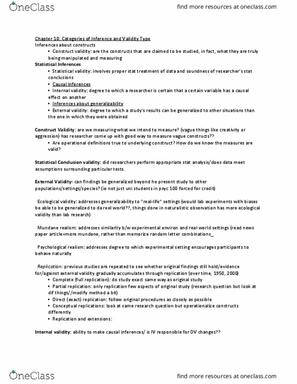 PSYC 201W Lecture Notes - Lecture 10: Statistical Conclusion Validity, Causal Inference, Ecological Validity thumbnail