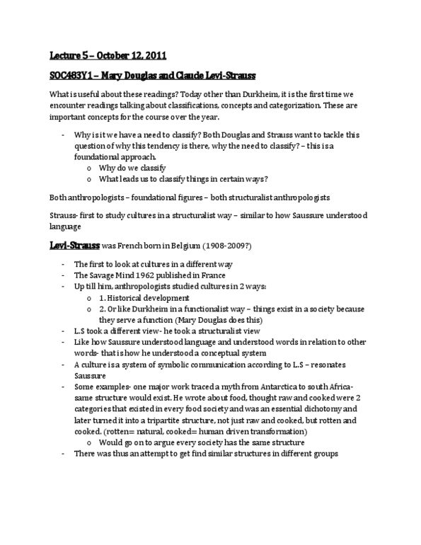 SOC483Y1 Lecture Notes - Lecture 5: Mary Douglas, Book Of Leviticus, The Savage Mind thumbnail