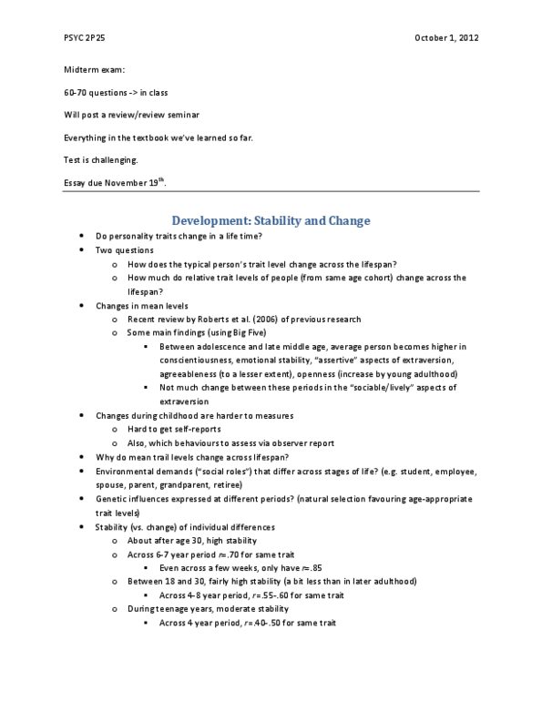 PSYC 2P25 Lecture Notes - Lecture 5: Trait Theory, Agreeableness, Brainstem thumbnail