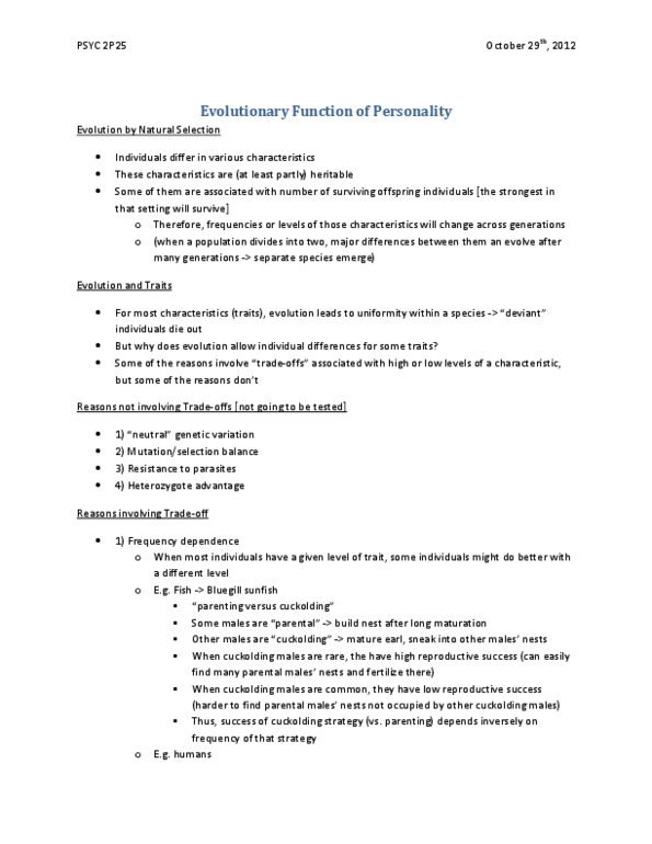 PSYC 2P25 Lecture Notes - Lecture 7: Heterozygote Advantage, Impulsivity, Novelty Seeking thumbnail