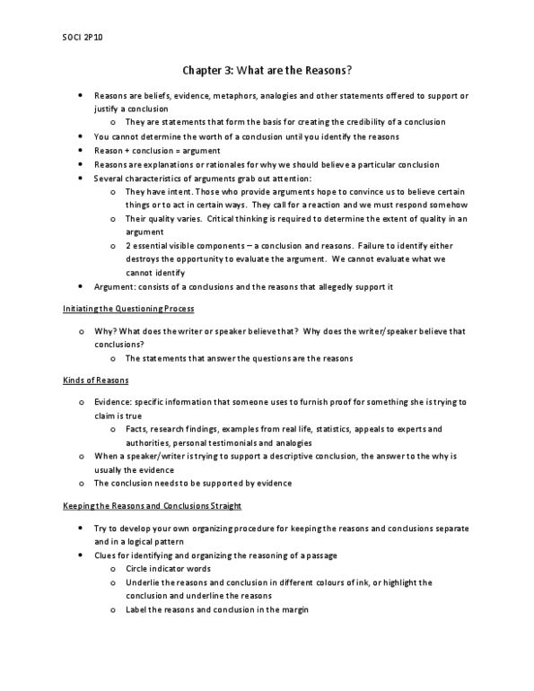 SOCI 2P00 Chapter Notes - Chapter 3: Critical Thinking thumbnail