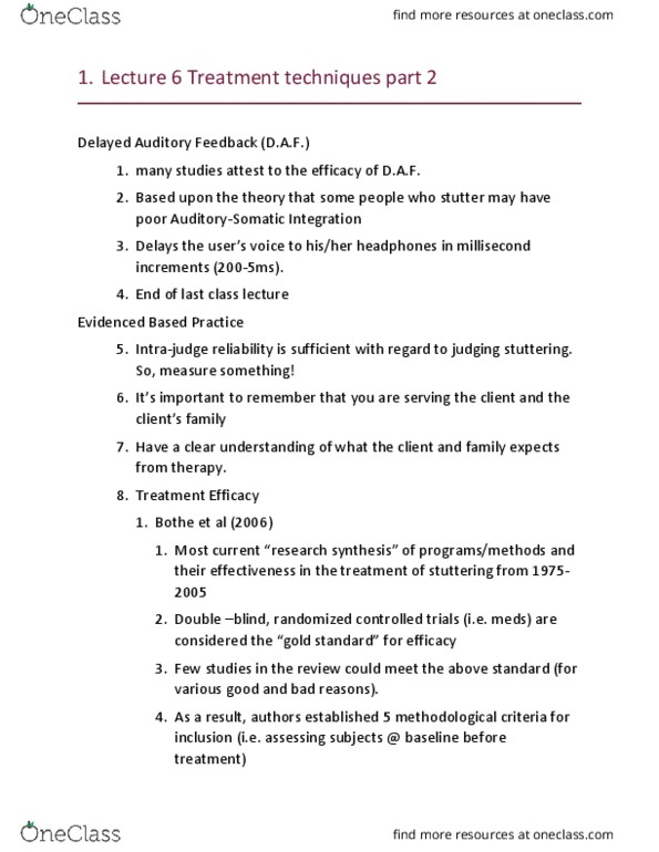 C_S_D 4210 Lecture Notes - Lecture 6: Delayed Auditory Feedback, Stuttering Therapy, Clinical Trial thumbnail