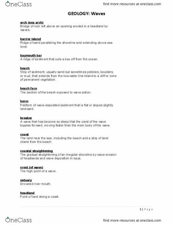 01:460:103 Lecture Notes - Lecture 5: Baymouth Bar, Longshore Drift, Mass Wasting thumbnail