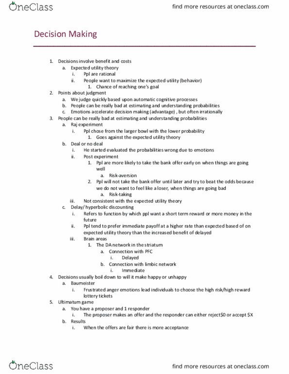 NSC 3311 Lecture Notes - Lecture 29: Hyperbolic Discounting, Utility, Striatum thumbnail