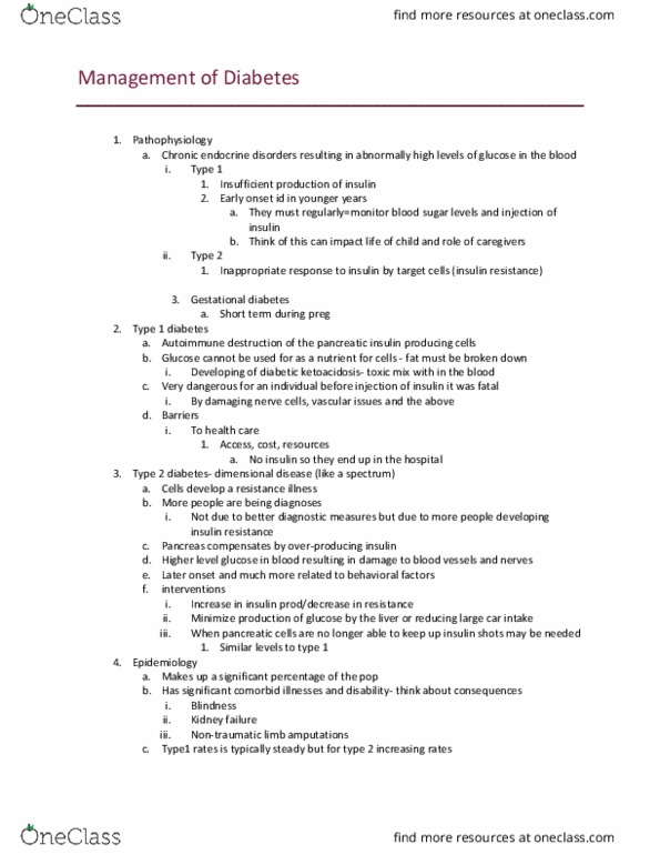 NSC 4312 Lecture Notes - Lecture 20: Diabetes Mellitus Type 1, Diabetes Mellitus Type 2, Gestational Diabetes thumbnail