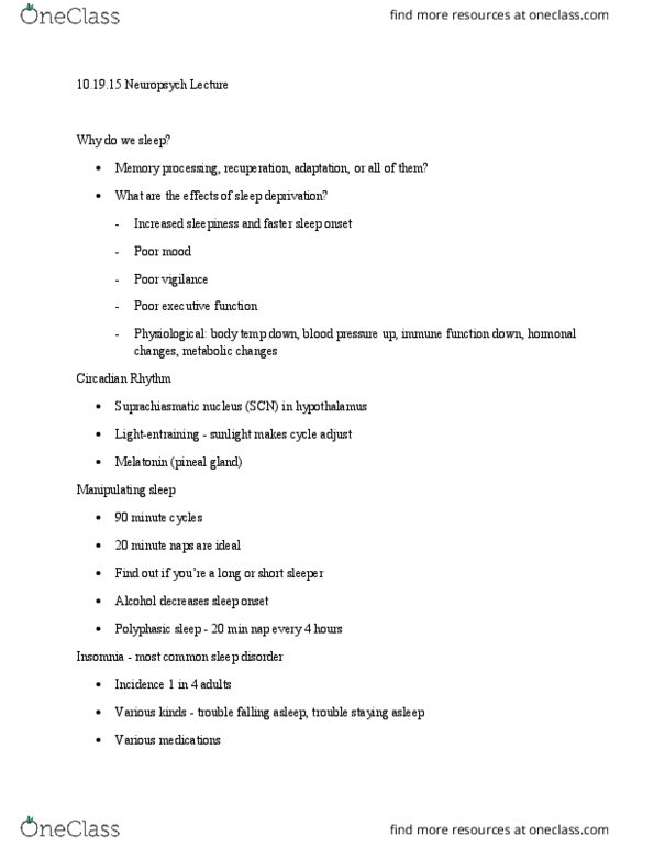 01:830:310 Lecture Notes - Lecture 12: Suprachiasmatic Nucleus, Biphasic And Polyphasic Sleep, Pineal Gland thumbnail