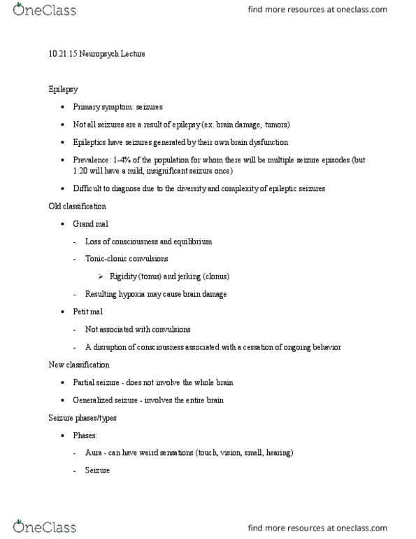 01:830:310 Lecture Notes - Lecture 13: Absence Seizure, Generalised Tonic-Clonic Seizure, Clonus thumbnail