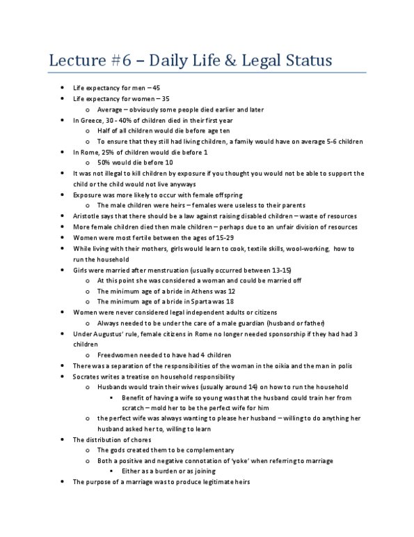 CLA219H1 Lecture Notes - Lecture 6: Pater Familias, Kyrios, Oral Contract thumbnail