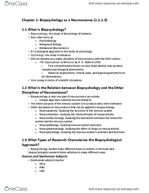 PSY 3061 Chapter Notes - Chapter 1: Behavioral Neuroscience, Neuroendocrinology, Neuropharmacology thumbnail