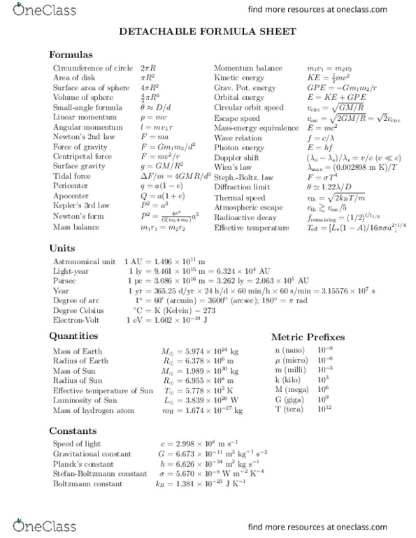 ASTR 120 Final: ASTR 120 Final Exam Formula Sheet - OneClass