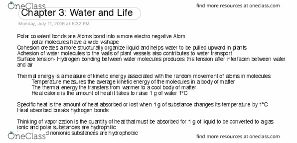 BIOL 111 Chapter Notes - Chapter 3: Hydrogen Bond, Surface Tension, Covalent Bond thumbnail