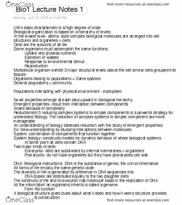 BIOL 111 Lecture Notes - Lecture 1: Emergence, Reductionism thumbnail