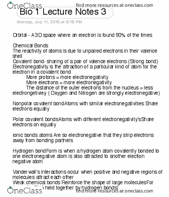 BIOL 111 Lecture Notes - Lecture 3: Electronegativity, Covalent Bond thumbnail