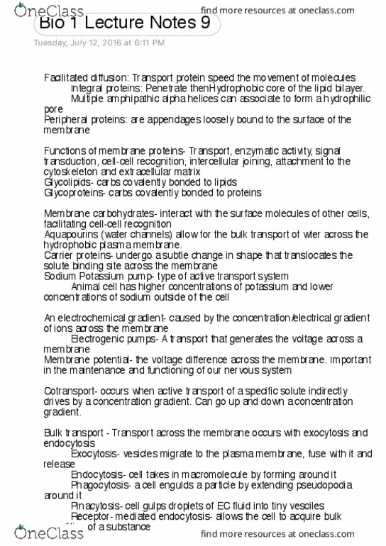 BIOL 111 Lecture Notes - Lecture 9: Alpha Helix, Lipid Bilayer, Signal Transduction thumbnail