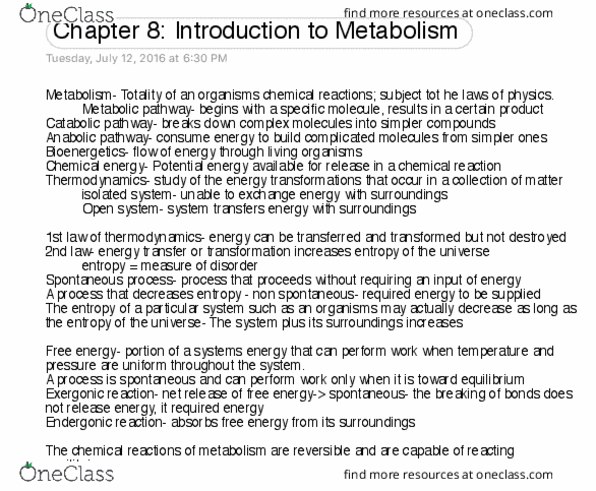 BIOL 111 Chapter Notes - Chapter 8: Metabolic Pathway, Chemical Energy, Thermodynamics thumbnail
